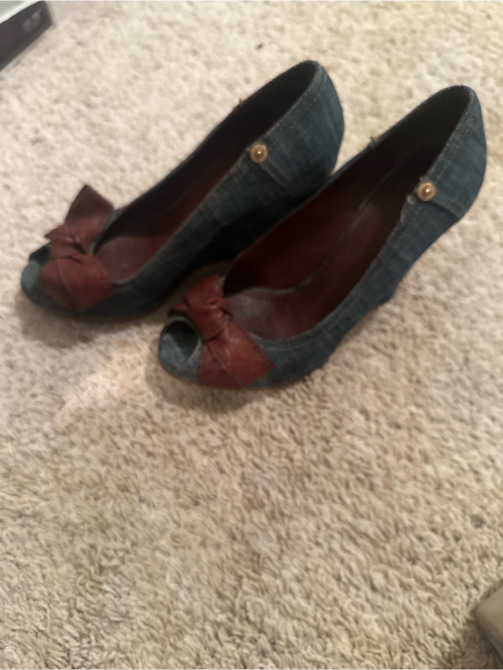 Miu Miu Denim Peep-Toe Wedges with Brown Bow Accent